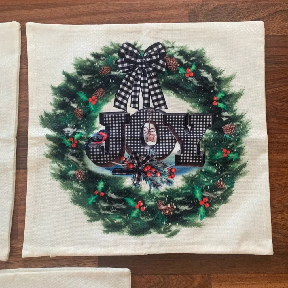 Set of 3 Square Holiday Decor Pillow Covers 17x17” Zip Closure Washable Plaid